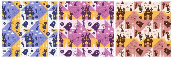 uppsättning av halloween sömlös mönster design med häxa, besatt hus, pumpor eller fladdermöss i mall hand dragen tecknad serie platt illustration vektor