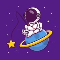 niedlicher astronautenfischerstern auf planetenkarikaturvektorsymbolillustration. People Science Space Icon Konzept isolierter Premium-Vektor. flacher Cartoon-Stil vektor