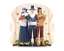 Fröhliche Thanksgiving-Leute in Pilger- und einheimischen Kostümen, die einen gebratenen Truthahn halten und Gerichte für die Thanksgiving-Dinnerparty servieren. Vektor-Illustration vektor