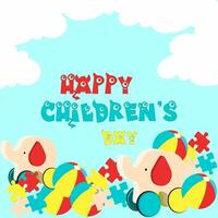 glücklicher kindertag mit spielzeug unten und wolken oben vektorillustration. für Poster, Banner, Karteneinladung, soziale Medien vektor