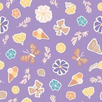 süße sommerflache illustration von schmetterlingen, eiscreme, zitronen, muscheln, blumen und blättern. Nahtloses Vektormuster für Stoffe, Tapeten, Packpapier in sanfter violetter Farbe. vektor