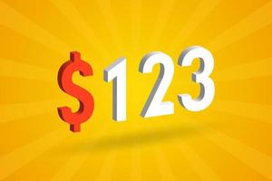 123 USD 3d text symbol. 123 förenad stat dollar 3d med gul bakgrund amerikan pengar stock vektor