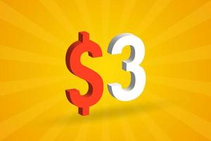 3 USD 3D-Textsymbol. 3 US-Dollar 3d mit gelbem Hintergrund Amerikanischer Geldvektor vektor