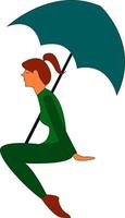 ein Mädchen mit einem grünen Regenschirm, Vektor- oder Farbillustration. vektor
