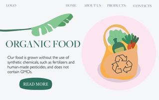 Zielseitenvorlage für Bio-Lebensmittelgeschäfte. Ökologie - Öko-Paket - modernes flaches Vektorkonzept Illustration einer Papiertüte mit Bio-Lebensmitteln vektor