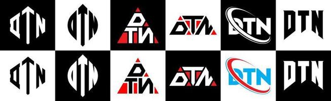 dtn-Buchstaben-Logo-Design in sechs Stilen. dtn Polygon, Kreis, Dreieck, Sechseck, flacher und einfacher Stil mit schwarz-weißem Buchstabenlogo in einer Zeichenfläche. dtn minimalistisches und klassisches Logo vektor