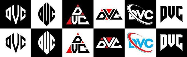 dvc-Buchstaben-Logo-Design in sechs Stilen. dvc-Polygon, Kreis, Dreieck, Sechseck, flacher und einfacher Stil mit schwarz-weißem Buchstabenlogo in einer Zeichenfläche. DVC minimalistisches und klassisches Logo vektor