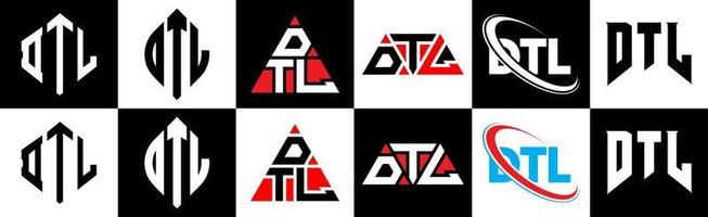 dtl brev logotyp design i sex stil. dtl polygon, cirkel, triangel, sexhörning, platt och enkel stil med svart och vit Färg variation brev logotyp uppsättning i ett rittavla. dtl minimalistisk och klassisk logotyp vektor