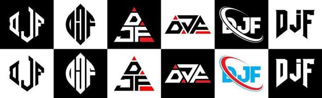djf-Buchstaben-Logo-Design in sechs Stilen. djf polygon, kreis, dreieck, sechseck, flach und einfacher stil mit schwarz-weißem buchstabenlogo in einer zeichenfläche. djf minimalistisches und klassisches Logo vektor