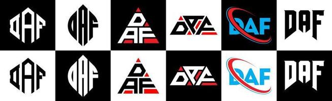 daf brev logotyp design i sex stil. daf polygon, cirkel, triangel, sexhörning, platt och enkel stil med svart och vit Färg variation brev logotyp uppsättning i ett rittavla. daf minimalistisk och klassisk logotyp vektor