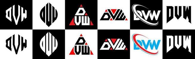 dvw-Buchstaben-Logo-Design in sechs Stilen. dvw Polygon, Kreis, Dreieck, Sechseck, flacher und einfacher Stil mit schwarz-weißem Buchstabenlogo in einer Zeichenfläche. dvw minimalistisches und klassisches Logo vektor