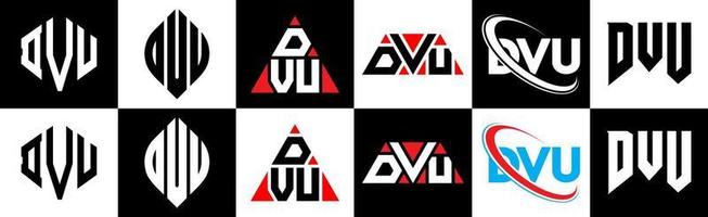 dvu brev logotyp design i sex stil. dvu polygon, cirkel, triangel, sexhörning, platt och enkel stil med svart och vit Färg variation brev logotyp uppsättning i ett rittavla. dvu minimalistisk och klassisk logotyp vektor