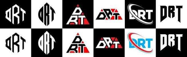 drt-Buchstaben-Logo-Design in sechs Stilen. drt polygon, kreis, dreieck, sechseck, flacher und einfacher stil mit schwarz-weißem buchstabenlogo in einer zeichenfläche. drt minimalistisches und klassisches Logo vektor