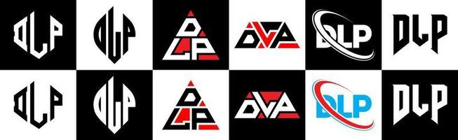 dlp-Buchstaben-Logo-Design in sechs Stilen. dlp polygon, kreis, dreieck, sechseck, flacher und einfacher stil mit schwarz-weißem buchstabenlogo in einer zeichenfläche. dlp minimalistisches und klassisches Logo vektor