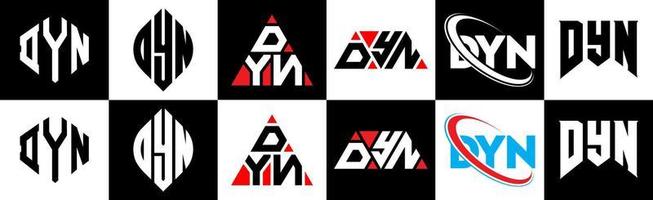 dyn-Buchstaben-Logo-Design in sechs Stilen. dyn-polygon, kreis, dreieck, sechseck, flacher und einfacher stil mit schwarz-weißem buchstabenlogo in einer zeichenfläche. dyn minimalistisches und klassisches Logo vektor