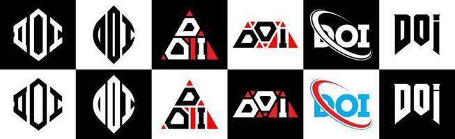 doi-Buchstaben-Logo-Design in sechs Stilen. doi polygon, kreis, dreieck, sechseck, flacher und einfacher stil mit schwarz-weißem buchstabenlogo in einer zeichenfläche. doi minimalistisches und klassisches Logo vektor