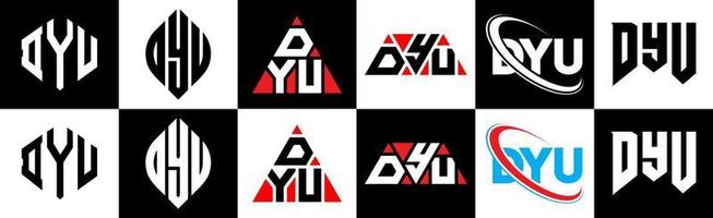 Dyu-Buchstaben-Logo-Design in sechs Stilen. Dyu-Polygon, Kreis, Dreieck, Sechseck, flacher und einfacher Stil mit schwarz-weißem Buchstabenlogo in einer Zeichenfläche. dyu minimalistisches und klassisches Logo vektor