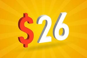 26 USD 3d text symbol. 26 förenad stat dollar 3d med gul bakgrund amerikan pengar stock vektor