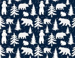 sömlös vektor mönster med söt hand dragen polär björnar, tall träd och snöig vinter- skog på mörk blå bakgrund. perfekt för textil, tapet eller skriva ut design.