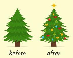 Weihnachtsbaum vor und nach der Dekoration. Vektor-Illustration. vektor