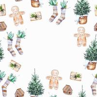 aquarell weihnachtlicher gemütlicher rahmen für textilien, servietten, dekor mit weihnachtsbaum, lebkuchen, socken und geschenken vektor