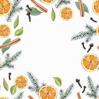 aquarellweihnachtshintergrundmusterrahmen mit orangen und blättern handgezeichnet vektor