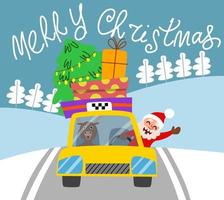 frohe weihnachten grußkarte. Ein gelbes Weihnachtstaxi mit einem Baum und Geschenken fährt die Straße entlang. vektor