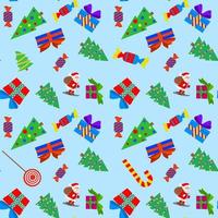 Vektor Musterdesign von Weihnachtsartikeln. Winterwald, Tannen, Süßigkeiten und Geschenke werden auf Stoff, Geschenkpapier oder Tapete gedruckt.