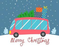 frohe weihnachten grußkarte. ein roter weihnachtsbus mit baum und geschenken fährt die straße entlang. Seitenansicht. vektor
