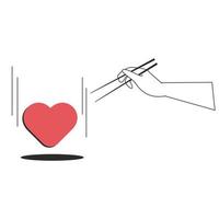Menschenhände halten Sushi-Stäbchen und greifen nach einem in der Luft hängenden Herz. vektorillustration im umrissstil. Tattoo-Ideen. vektor
