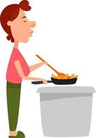 kvinna matlagning middag, illustration, vektor på vit bakgrund