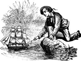 Junge mit Spielzeugboot, Vintage Illustration. vektor