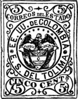 tolima, kolumbianische republik cinco centavos briefmarke, 1871, vintage illustration vektor