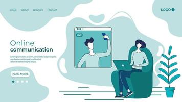uppkopplad kommunikation.video ring upp och chatt med människor.a ung kvinna Sammanträde i en stol kommunicerar via video konferens använder sig av en laptop.kommunicera med vänner genom uppkopplad kommunikation. vektor