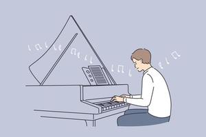 professionelles musiker- und musikausbildungskonzept. junger lächelnder mann pianist zeichentrickfigur sitzt und spielt klaviermelodie mit notizen vektorillustration
