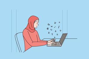 Inhaltsschreiber und Arbeit mit Medienkonzept. junge arabische moderne frauenzeichentrickfigur in traditioneller tracht, die am laptop sitzt und arbeitet, mit medienerstellung und freiberuflichem online-artikelschreiben vektor