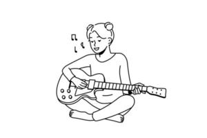 lächelndes Mädchen sitzt auf dem Boden und spielt Gitarre. glückliche frau genießt musikunterricht mit instrument. Hobby und Unterhaltung. Vektor-Illustration. vektor