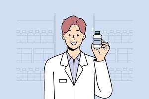 leende manlig apotekare i medicinsk enhetlig håll flaska i händer. Lycklig man specialist eller professionell rekommendera medicin eller läkemedel. sjukvård och medicin. vektor illustration.