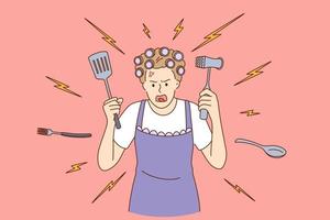 galen hemmafru på Hem begrepp. ung galen arg kvinna tecknad serie karaktär i förkläde matlagning med kokkärl i händer över röd bakgrund vektor illustration
