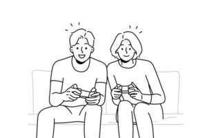 lächelndes paar sitzt zu hause auf dem sofa und spielt zusammen ein videospiel. Glücklicher Mann und Frau haben Spaß und genießen Videospiele mit Controllern. Vektor-Illustration. vektor