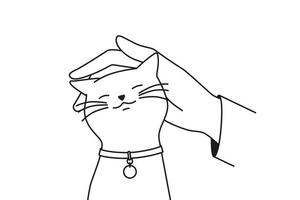 person hand smeka söt fluffig katt. man eller kvinna omfamning stroke Lycklig kattunge visa kärlek och vård till inhemsk djur. vektor illustration.