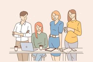 teamarbeit, brainstorming, arbeiten im bürokonzept. gruppe junger positiver menschen geschäftspartner arbeitskollegen stehen und diskutieren unternehmensentwicklung in der bürovektorillustration vektor