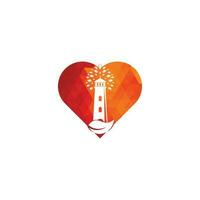 grüner Leuchtturm Herzform Konzept Logo Template Design. Blatt- und Leuchtturm-Logo-Vorlage vektor
