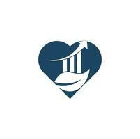 grüne Finanzblatt-Herzform-Konzept-Logo-Vorlage mit Gewinnbalken. Logo für Unternehmensinvestitionen vektor