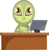 Alien sitzt im Büro, Illustration, Vektor auf weißem Hintergrund.