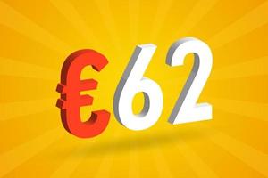 62 euro valuta 3d vektor text symbol. 3d 62 euro europeisk union pengar stock vektor