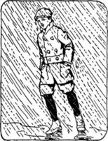 Junge, der bei starkem Regen spazieren geht, Vintage-Illustration. vektor