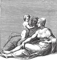 frau und mann mit kind, adamo scultori, nach michelangelo, 1585, vintage illustration. vektor