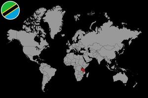 nålkarta med Tanzanias flagga på världskartan. vektor illustration.