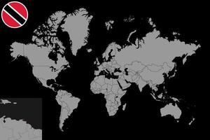 nålkarta med trinidad och tobagos flagga på världskartan. vektor illustration.